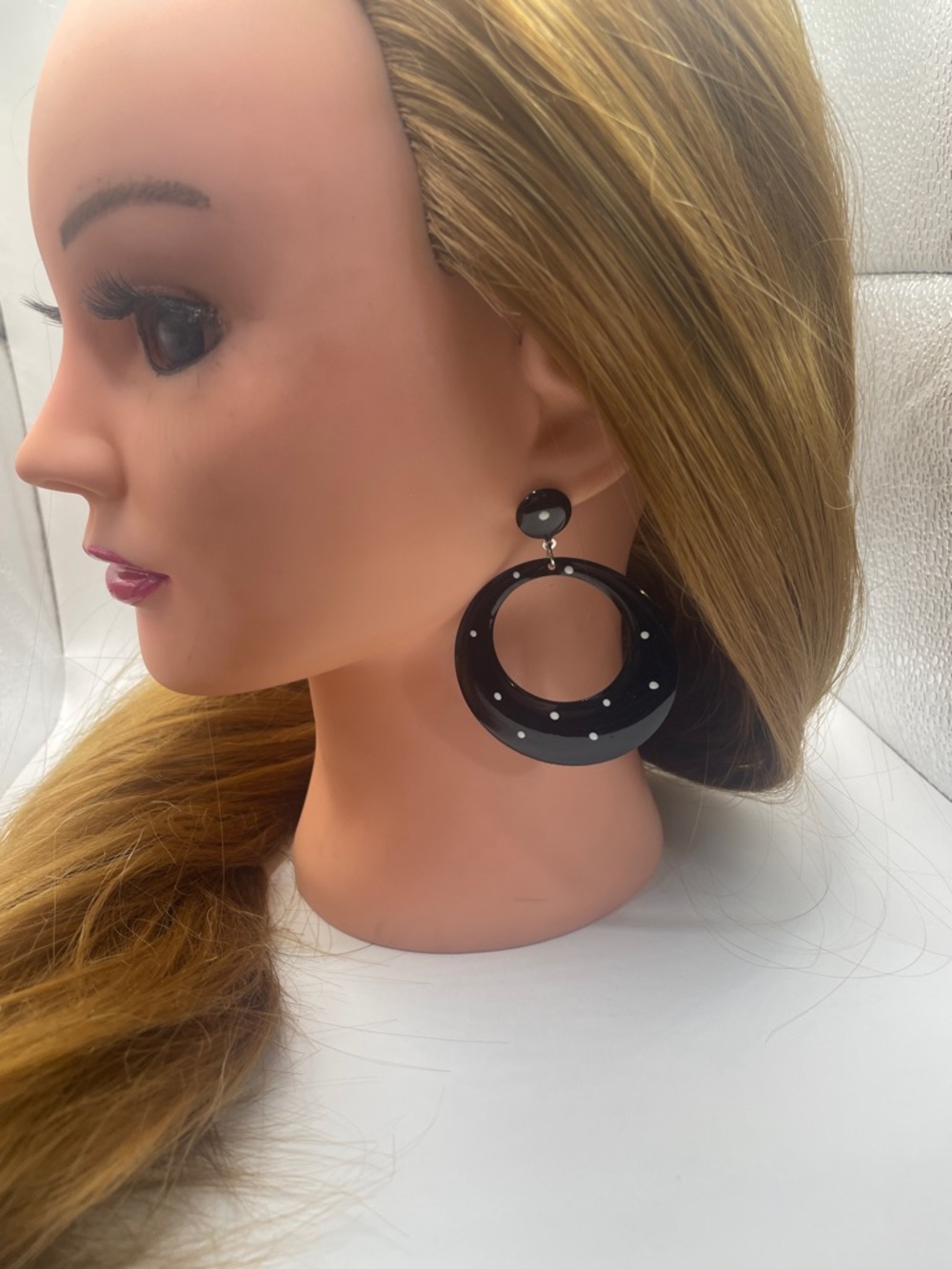 My Style Black Polka Dot Hoop Earrings post style metal 2.25” - Picture 5 of 6